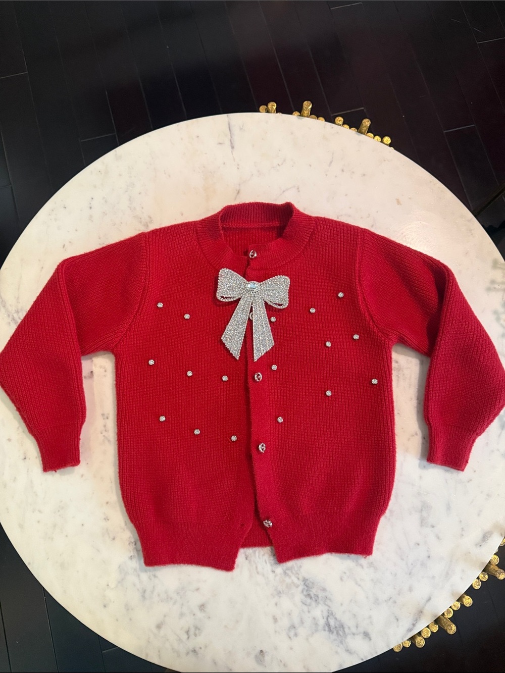 SHEIN Red Knit Cardigan with Silver Bow Accents
